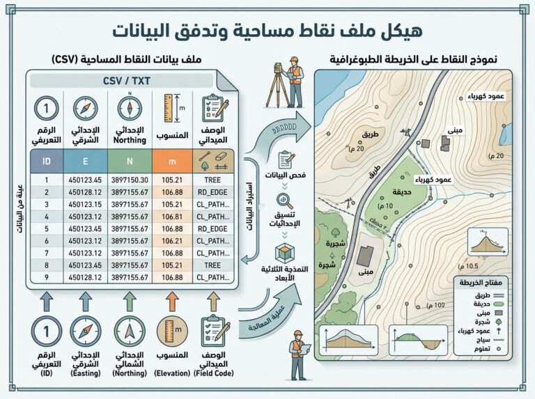 مخطط يوضح حقول ملف نقاط الرفع المساحي قبل استيراده إلى Civil 3D - طريقة إضافة نقاط الرفع المساحي إلى Civil 3D.