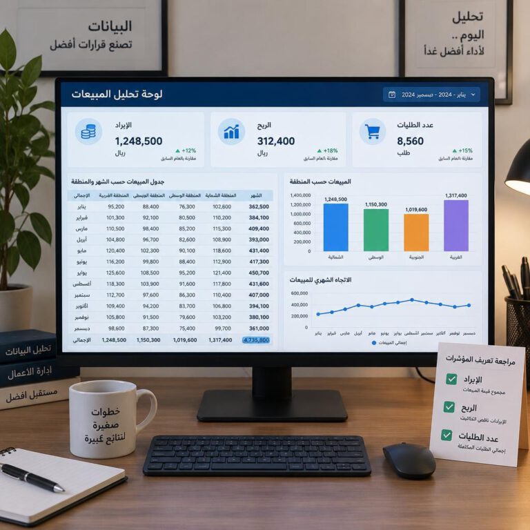 لوحة مؤشرات مبيعات تتضمن الإيراد والربح والطلبات ومقارنة المناطق - طريقة استخدام ChatGPT في Excel