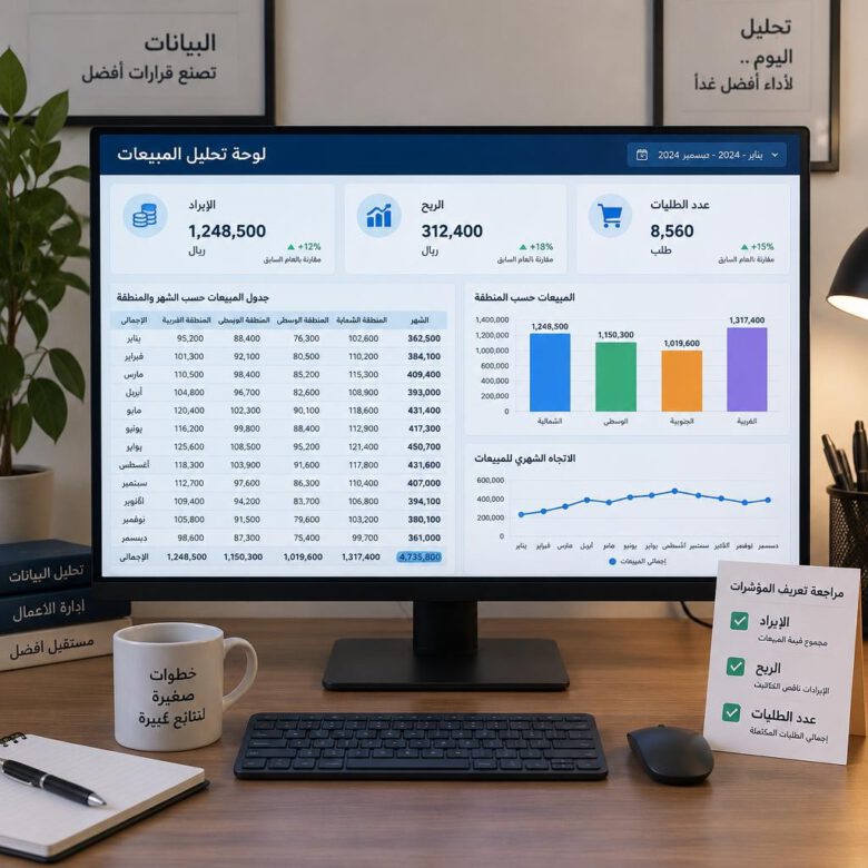 لوحة مؤشرات مبيعات تتضمن الإيراد والربح والطلبات ومقارنة المناطق - طريقة استخدام ChatGPT في Excel