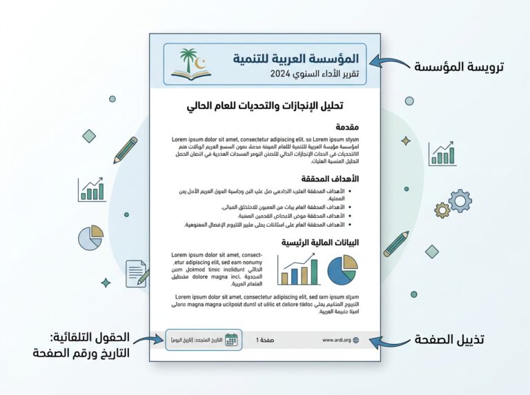 صفحة عربية تعرض الترويسة والتذييل والتاريخ التلقائي - كيفية تنسيق ملف Word باحتراف.