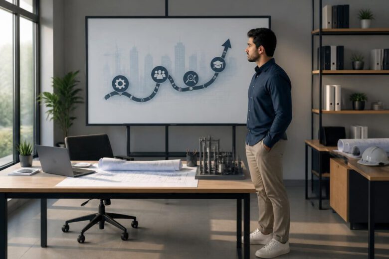 كيف تطور نفسك في وظيفتك الهندسية؟ 15 خطوة عملية 1 مهندس يخطط لتطوير مسيرته المهنية في بيئة عمل هندسية
