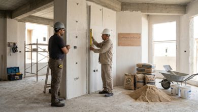 مهندس يقيس سمك محارة جدار مع أكياس إسمنت ورمل وأدوات معايرة