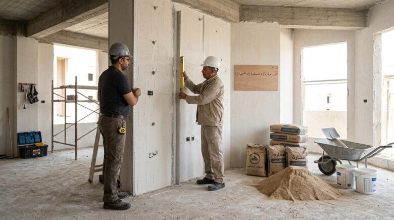 مهندس يقيس سمك محارة جدار مع أكياس إسمنت ورمل وأدوات معايرة
