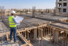 حساب كمية الخرسانة للسقف بدقة: دليل هندسي شامل بالأمثلة 5 مهندس يراجع حساب كمية الخرسانة لسقف خرساني قبل الصب