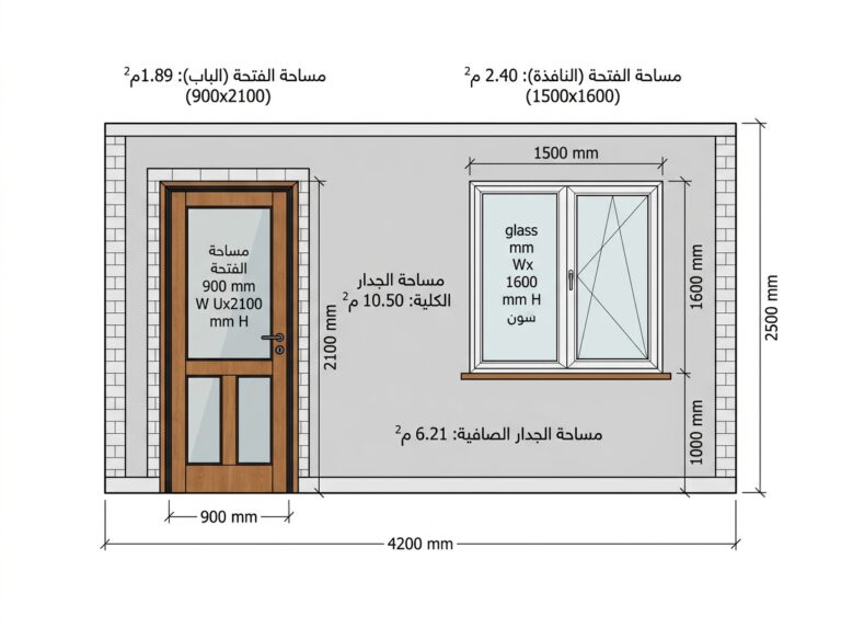 مخطط لحساب مساحة جدار بلوك بعد خصم مساحة الباب والنافذة - كيفية حساب عدد البلوك للجدار.
