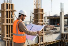 مهندس يراجع حساب مساحة الشدة الخشبية في موقع إنشاءات