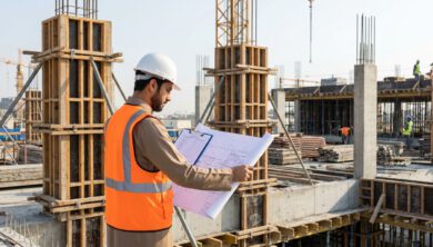 مهندس يراجع حساب مساحة الشدة الخشبية في موقع إنشاءات