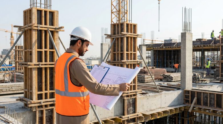 مهندس يراجع حساب مساحة الشدة الخشبية في موقع إنشاءات