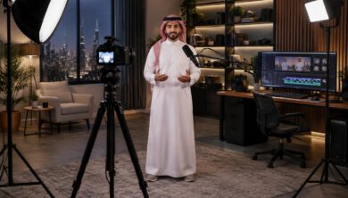 كيفية صناعة محتوى فيديو احترافي في 2026: من الفكرة إلى النشر 1 صانع محتوى عربي في استوديو حديث لإنتاج فيديو عالي الجودة