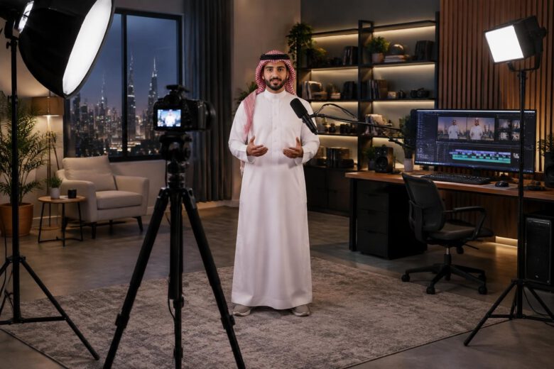 كيفية صناعة محتوى فيديو احترافي في 2026: من الفكرة إلى النشر 1 صانع محتوى عربي في استوديو حديث لإنتاج فيديو عالي الجودة