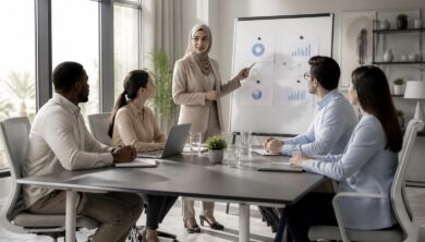 قائدة عربية تناقش أهداف العمل مع فريق متنوع في بيئة مكتبية حديثة