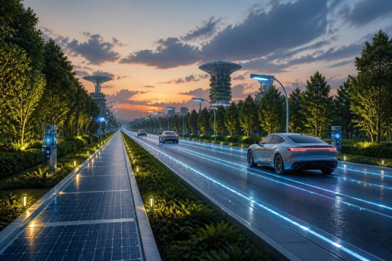 الطرق الذكية والمستدامة في 2026: مستقبل هندسة الطرق والذكاء الاصطناعي 1 طريق ذكي مستدام لعام 2026 مزود بمسارات شحن استقرائي وحساسات رقمية متطورة