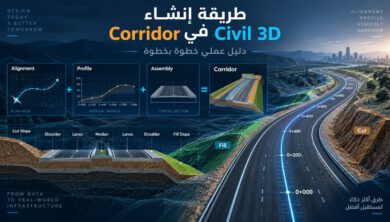 طريقة إنشاء Corridor في Civil 3D خطوة بخطوة: دليل عملي شامل 8 نموذج ثلاثي الأبعاد لكوريدور طريق يربط المحور والبروفايل والمقطع العرضي في Civil 3D