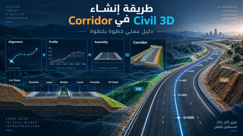 طريقة إنشاء Corridor في Civil 3D خطوة بخطوة: دليل عملي شامل 1 نموذج ثلاثي الأبعاد لكوريدور طريق يربط المحور والبروفايل والمقطع العرضي في Civil 3D