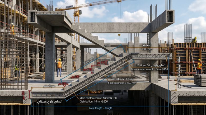 رسم هندسي ثلاثي الأبعاد يوضح طريقة حساب خرسانة السلالم وبلاطة الرقبة المائلة والدرجات