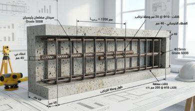 توضيح هندسي لطول التراكب بين سيخين من حديد التسليح داخل الخرسانة