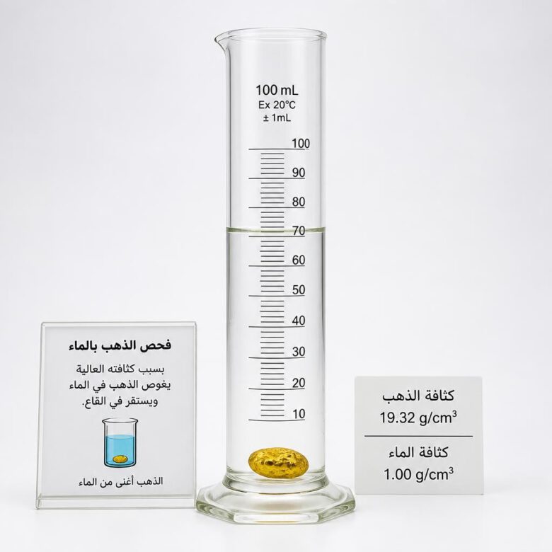 اختبار الكثافة النوعية للذهب بالماء باستخدام مخبار مدرج زجاجي - كيف تعرف الذهب الحقيقي من المزيف