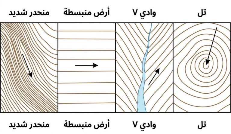 رسم يوضح قراءة تقارب وتباعد واتجاه خطوط الكنتور - طريقة عمل Contour في Civil 3D