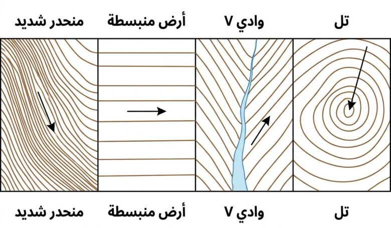 رسم يوضح قراءة تقارب وتباعد واتجاه خطوط الكنتور - طريقة عمل Contour في Civil 3D