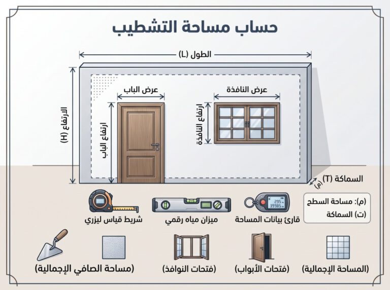 رسم يوضح قياس مساحة الجدار وخصم الفتحات عند حساب المحارة