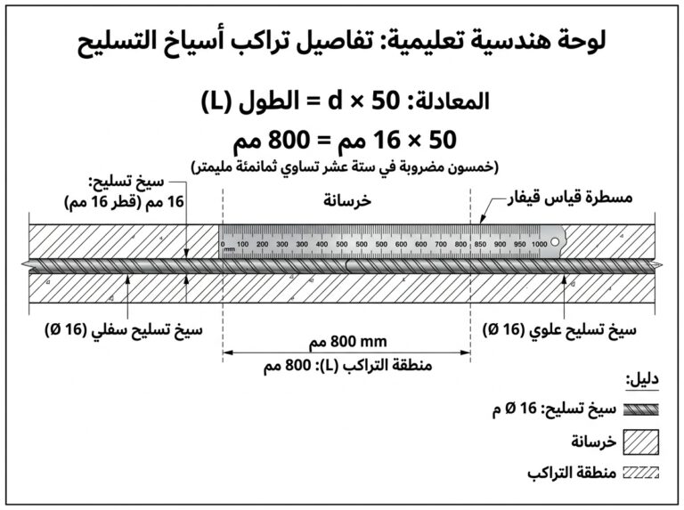 مثال حساب طول تراكب سيخ قطره 16 مم بطول 800 مم