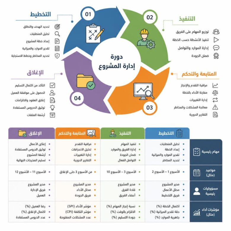مخطط يوضح مراحل إدارة المشروع ومتابعة المهام - كيف تدير فريق العمل بفعالية.
