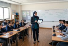 معلّم يستخدم جهازاً لوحياً لإدارة الطلاب والدرجات داخل الفصل