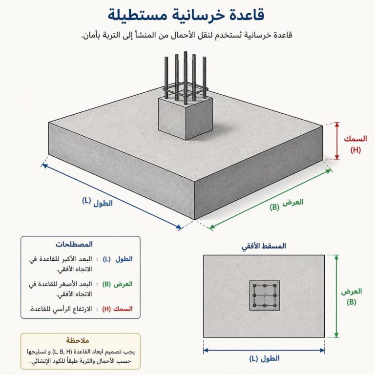 أبعاد الطول والعرض والسمك المستخدمة لحساب حجم القاعدة الخرسانية