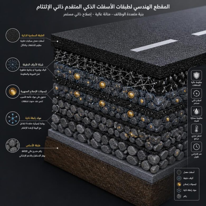مقطع عرضي لطبقات الأسفلت الذكي ذاتي الالتئام والمواد المتقدمة - الطرق الذكية والمستدامة