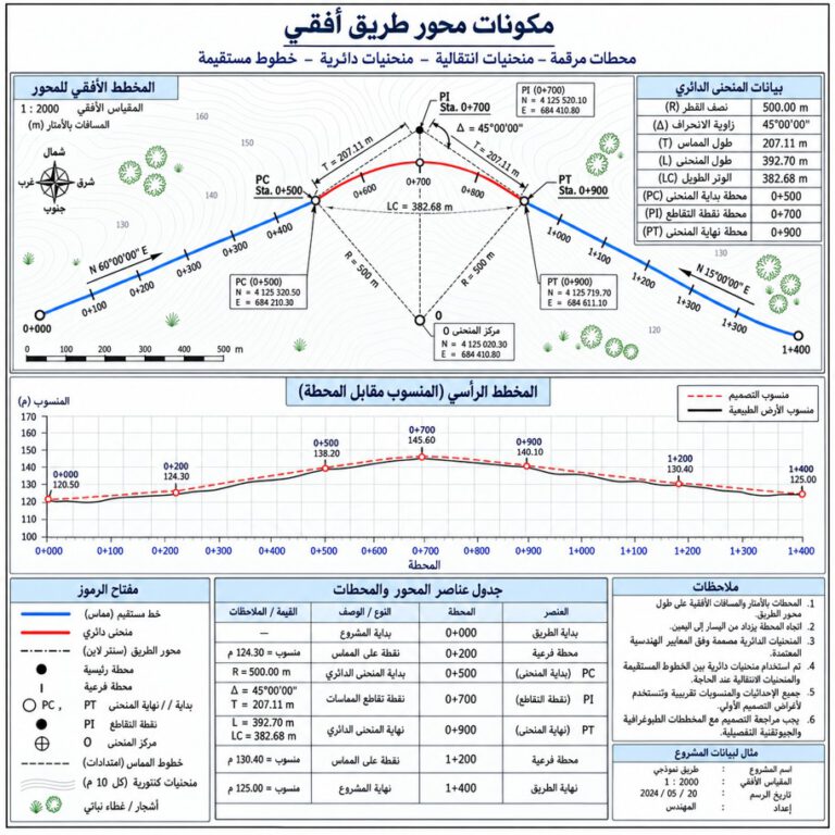 مكونات Alignment من خطوط ومنحنيات ومحطات في Civil 3D - كيفية إنشاء Alignment في Civil 3D.