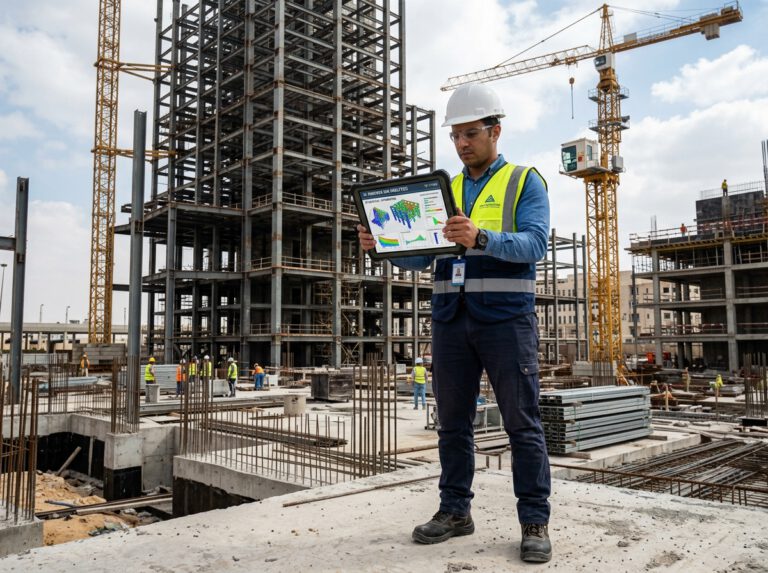 مهندس مدني يستخدم جهاز لوحي لتحليل البيانات الإنشائية - استخدام ChatGPT للمهندسين.