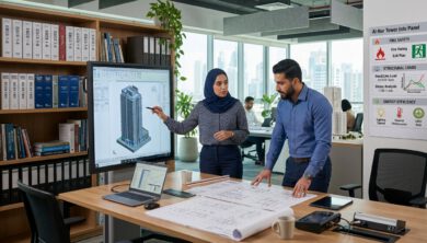 مهندسان يراجعان كودات البناء العالمية والمخططات الهندسية في مكتب تصميم
