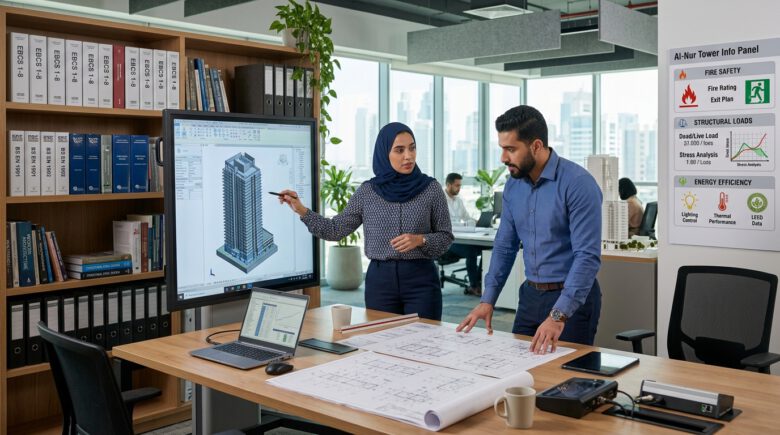مهندسان يراجعان كودات البناء العالمية والمخططات الهندسية في مكتب تصميم
