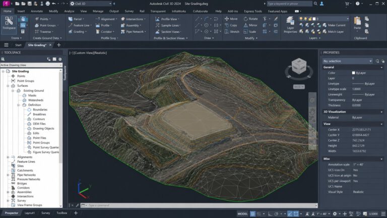 نموذج سطح أرض طبيعية TIN في Civil 3D يظهر شبكة المثلثات وخطوط الكنتور والتضاريس ثلاثية الأبعاد
