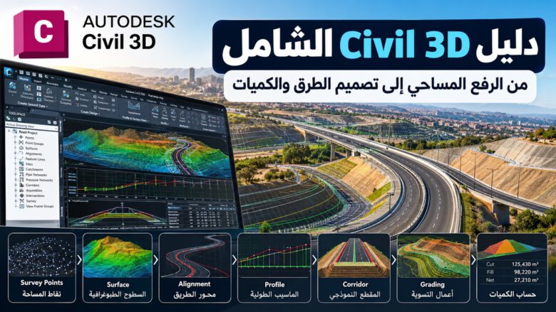 دليل تعلم Civil 3D الشامل من الرفع المساحي وإنشاء Surface إلى Alignment وProfile وCorridor وGrading وحساب الكميات