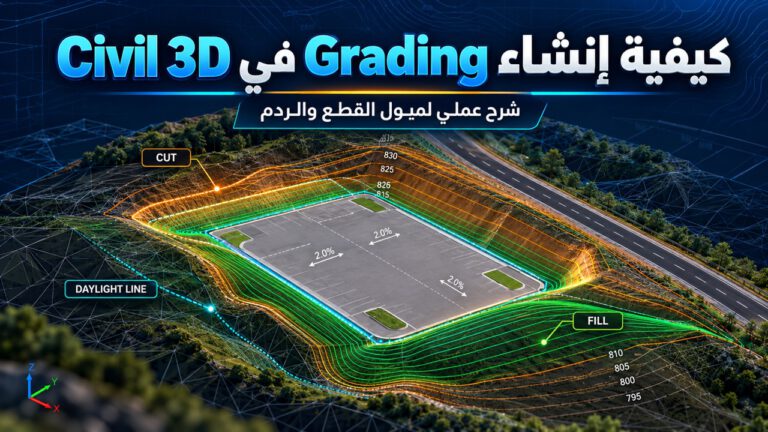 شرح إنشاء Grading في Civil 3D مع تصميم منصة ثلاثية الأبعاد وميول القطع والردم وخط Daylight