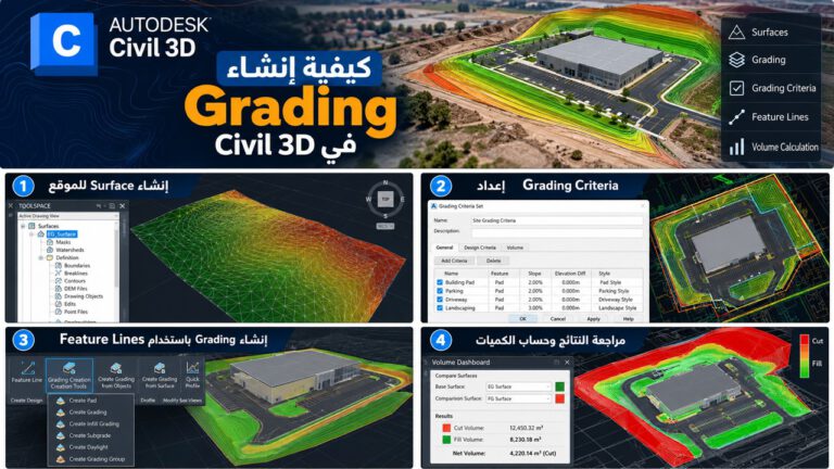 شرح Grading في Civil 3D لتصميم تسوية المواقع باستخدام Feature Lines وGrading Criteria وحساب الحفر والردم