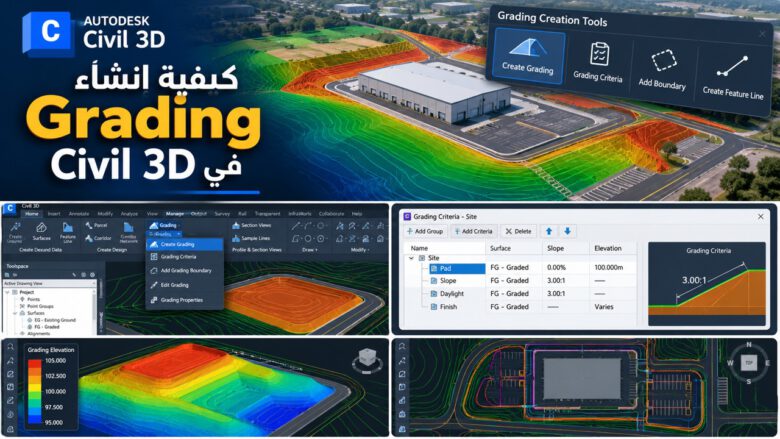 كيفية إنشاء Grading في Civil 3D مع حساب الحفر والردم 1 شرح Grading في Civil 3D لتصميم تسوية المواقع باستخدام Feature Lines وGrading Criteria وحساب الحفر والردم