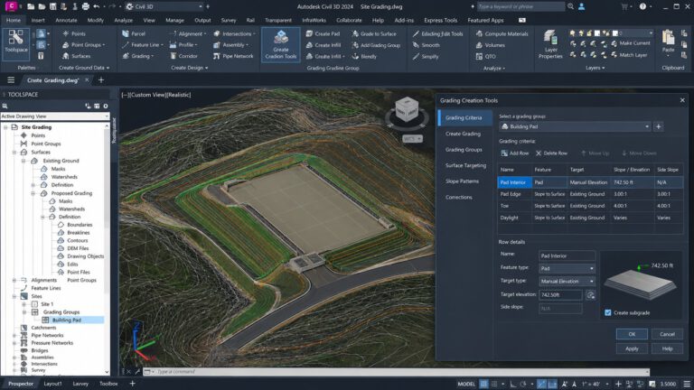 واجهة توضيحية في Civil 3D تعرض Grading Creation Tools وإعداد ميول التسوية والسطح المستهدف