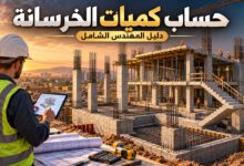 حساب كميات الخرسانة بالمتر المكعب لـ5 عناصر إنشائية 5 مهندس مدني يحسب كميات الخرسانة في موقع إنشاء يضم القواعد والأعمدة والجسور والأسقف والسلالم