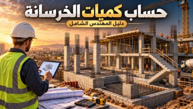 مهندس مدني يحسب كميات الخرسانة في موقع إنشاء يضم القواعد والأعمدة والجسور والأسقف والسلالم