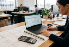 مهندس يراجع مخططات إنشائية وملف Excel لحصر كميات البناء