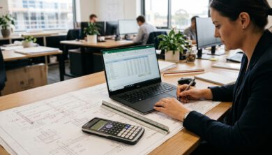 حصر الكميات من المخططات في 10 خطوات باستخدام Excel 1 مهندس يراجع مخططات إنشائية وملف Excel لحصر كميات البناء