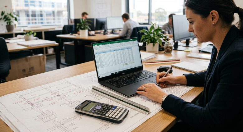 مهندس يراجع مخططات إنشائية وملف Excel لحصر كميات البناء