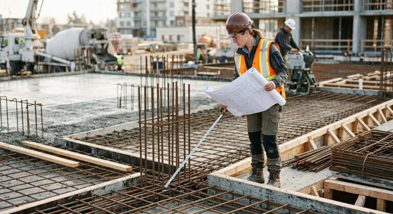 مهندس يراجع أبعاد بلاطة خرسانية لتقدير كتلتها والحمل الذاتي