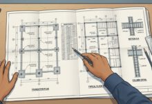 مهندس يراجع مخططات إنشائية تتضمن تفاصيل القواعد والأعمدة والكمرات والبلاطات