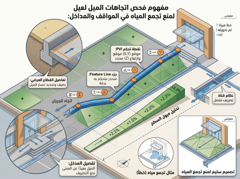 مخطط هندسي يوضح استخدام Feature Line لضبط ميول المواقف والمداخل، وتوجيه مياه الأمطار نحو قنوات التصريف لمنع تجمعها.