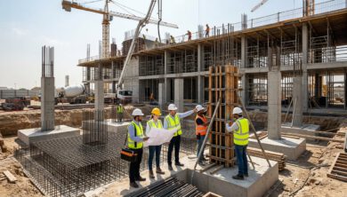 تنفيذ العناصر الخرسانية بطريقة هندسية في موقع بناء متطور
