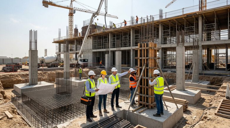 تنفيذ العناصر الخرسانية المسلحة خطوة بخطوة – دليل هندسي (15 خطوة) 1 تنفيذ العناصر الخرسانية بطريقة هندسية في موقع بناء متطور