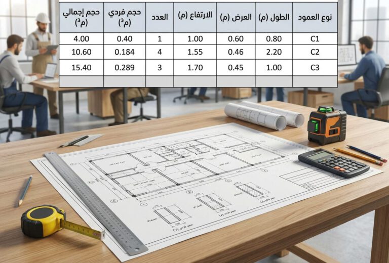 جدول حصر كميات خرسانة أعمدة متعددة الأنواع